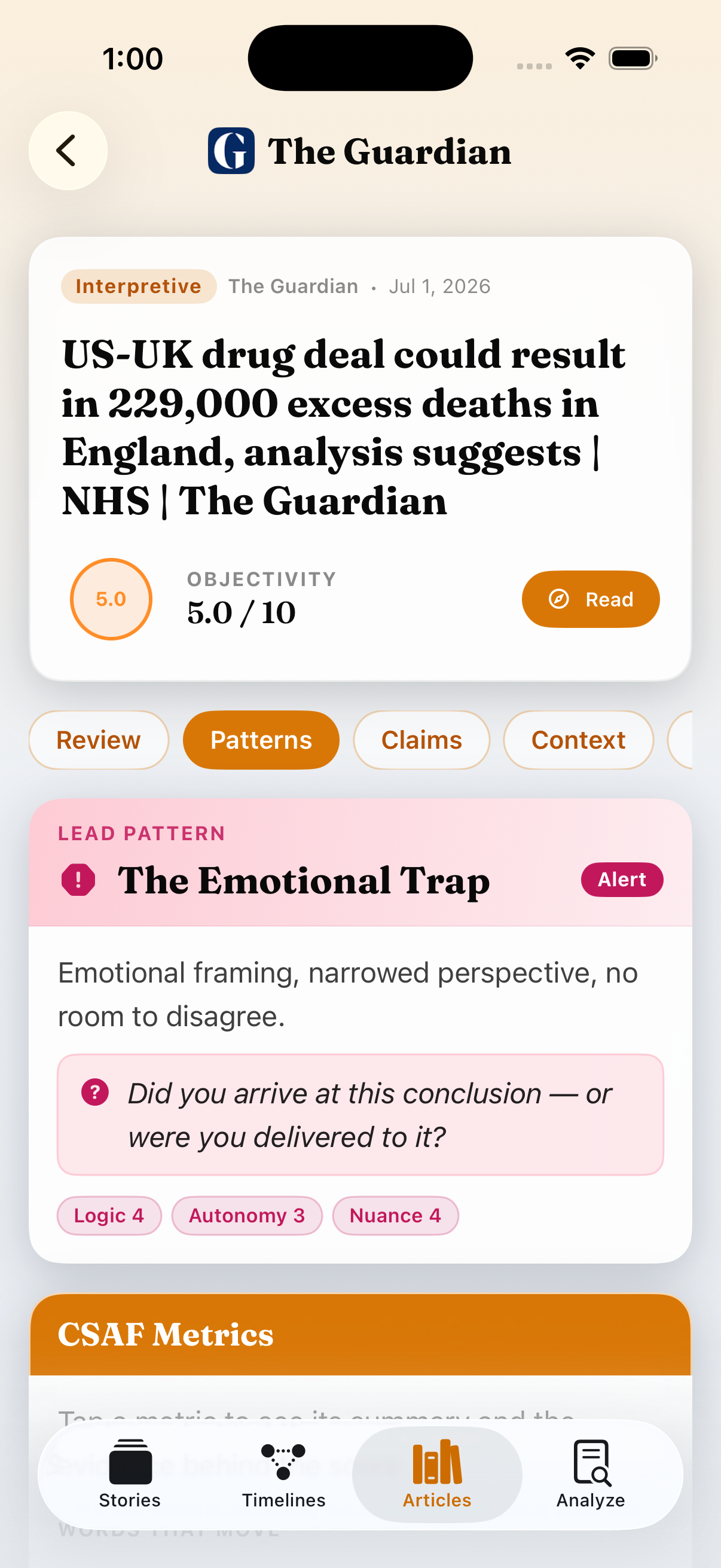 An article scored 5.0 out of 10 with a named Emotional Trap pattern